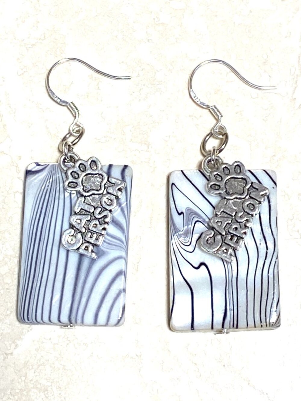 2/$20, Black & White Mother of Pearl Cat Person Dangle Earrings
